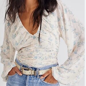 Free People Cream and Blue Floral Top